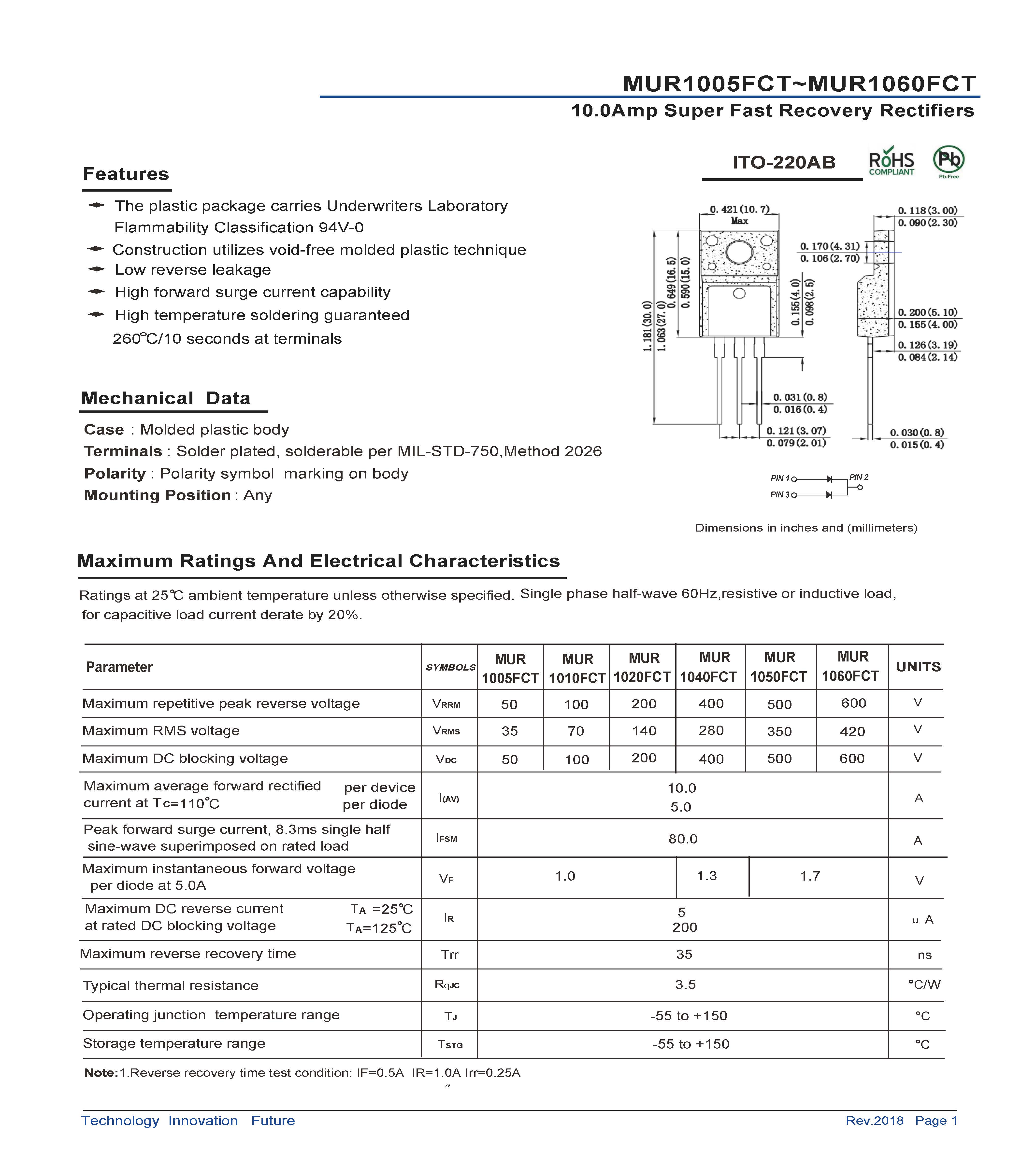 ITO 10.0A MUR1005FCTMUR1060FCT Data Sheet - FRD_页面_1
